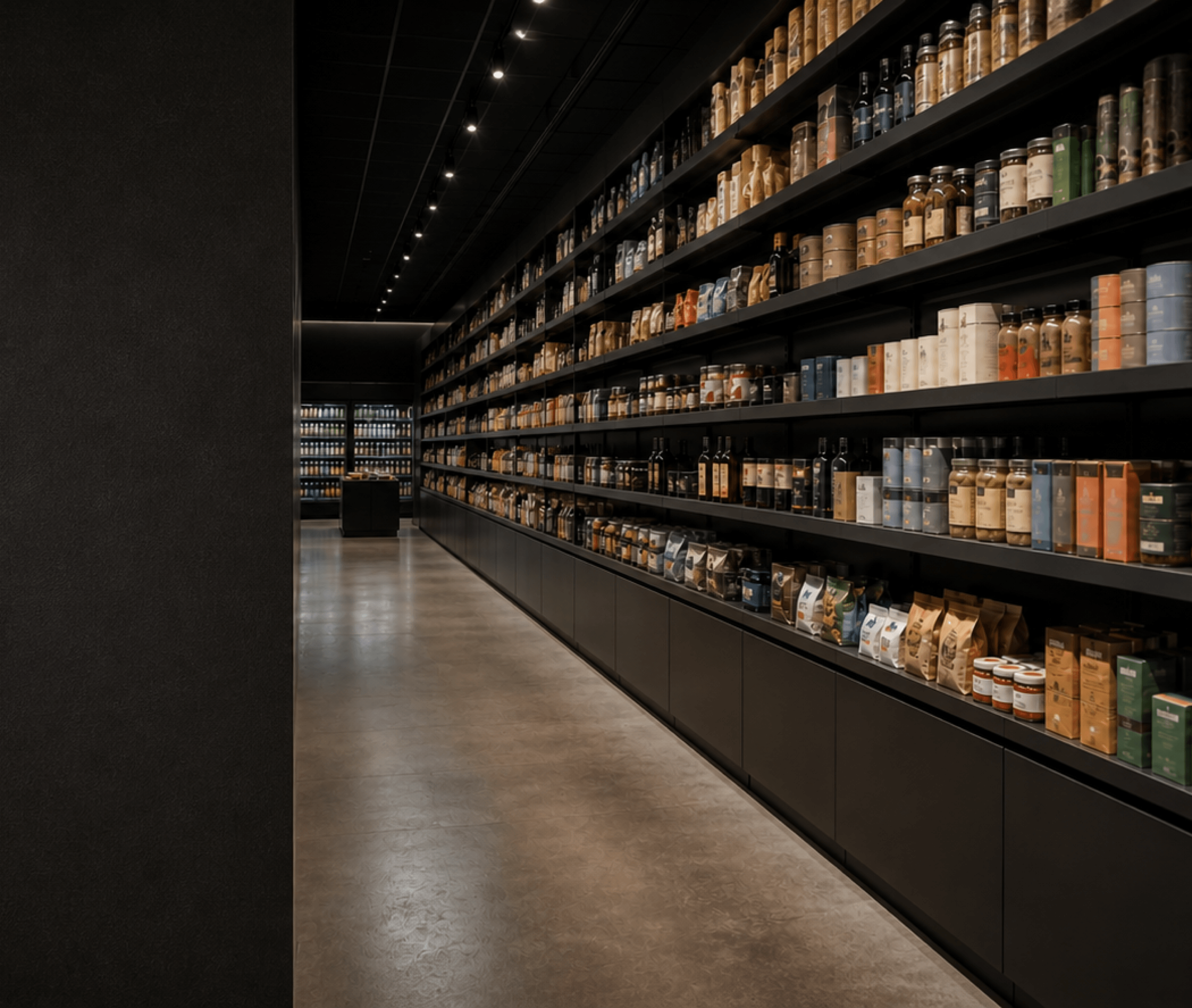 Premium grocery aisle with stocked shelves